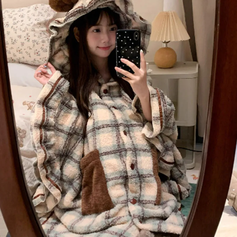 OEING Nightgown Women's Plaid Brown Ear-1