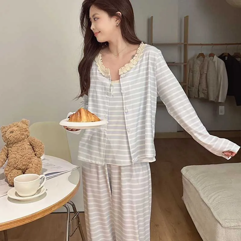 OEING Pajama Set Women's Milk Blue Stripes-3