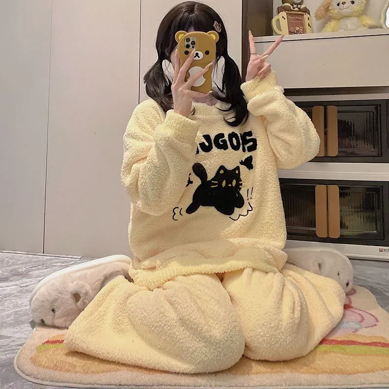 OEING Pajama Set Women's Yellow Kitten-3