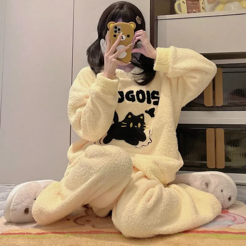 OEING Pajama Set Women's Yellow Kitten-2