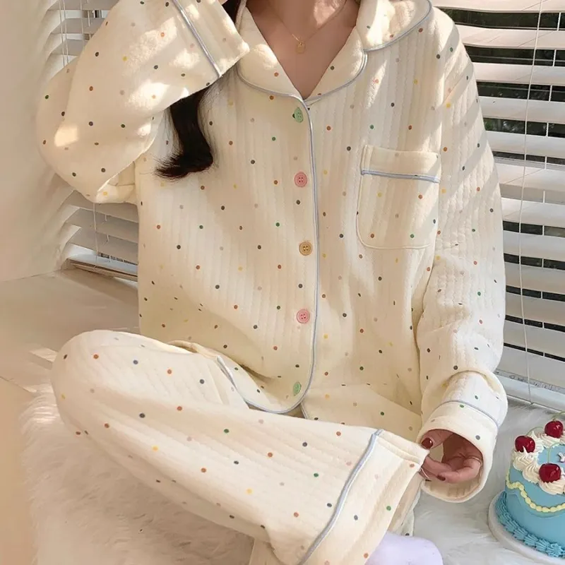 OEING Pajama Set Women's White Dot-4