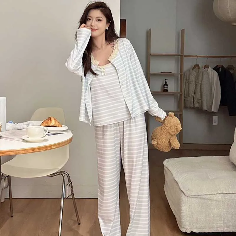 OEING Pajama Set Women's Milk Blue Stripes-4