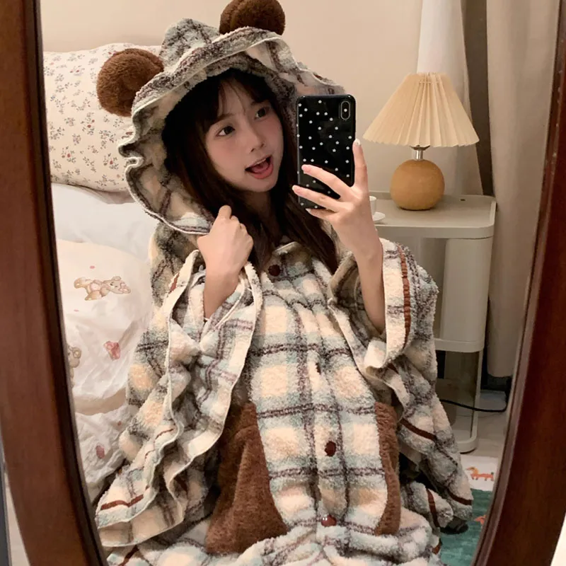 OEING Nightgown Women's Plaid Brown Ear-3