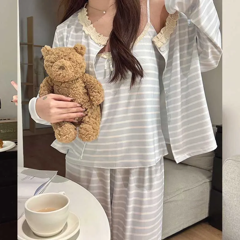 OEING Pajama Set Women's Milk Blue Stripes-2