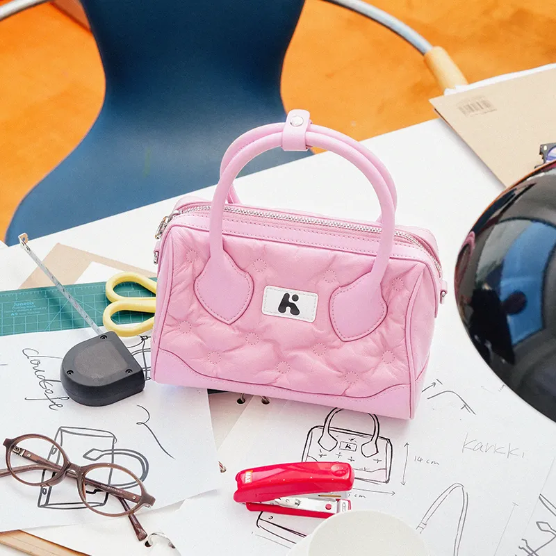 Karkki Cow Leather Boston Bag Handbag Medium Size Women's Pink-4