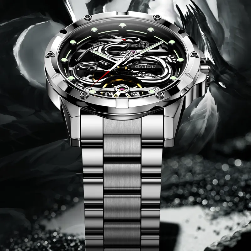 GAIDU Automatic Mechanical Movement Steel Strap Watch Men's Watches Black Dial-6