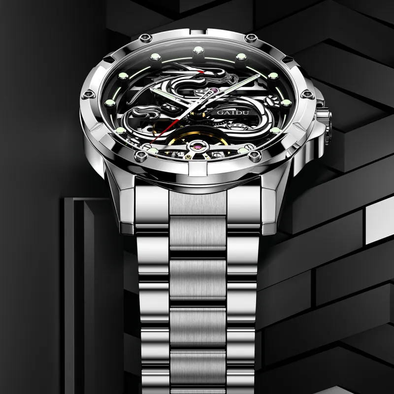 GAIDU Automatic Mechanical Movement Steel Strap Watch Men's Watches Black Dial-4