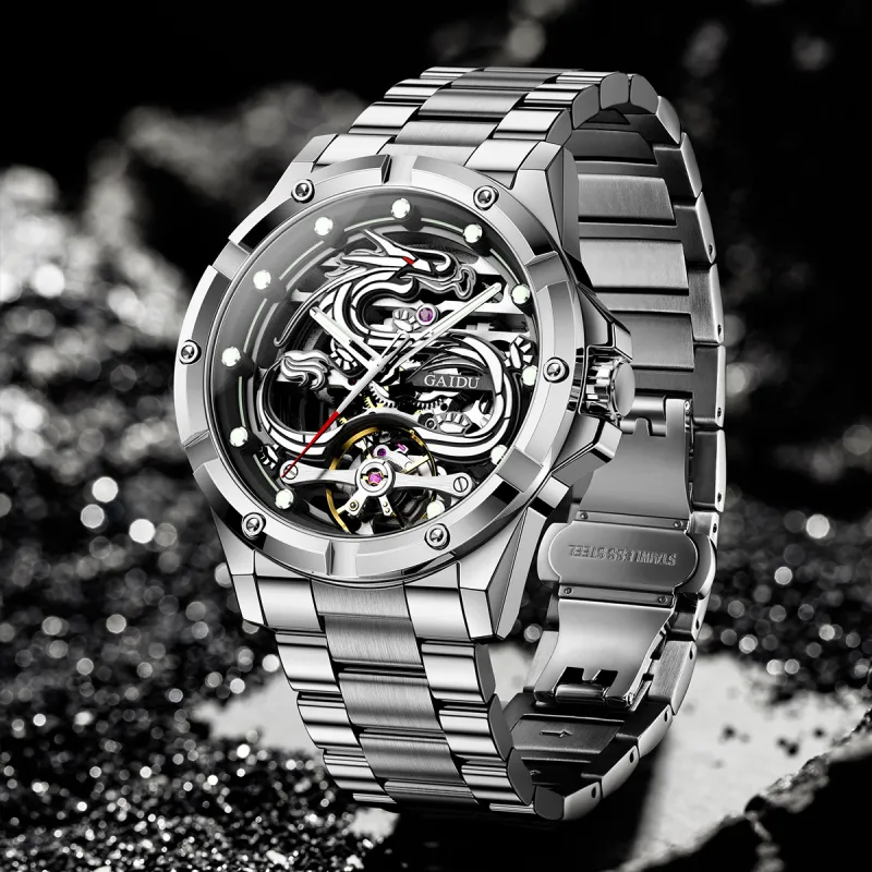 GAIDU Automatic Mechanical Movement Steel Strap Watch Men's Watches Black Dial-5