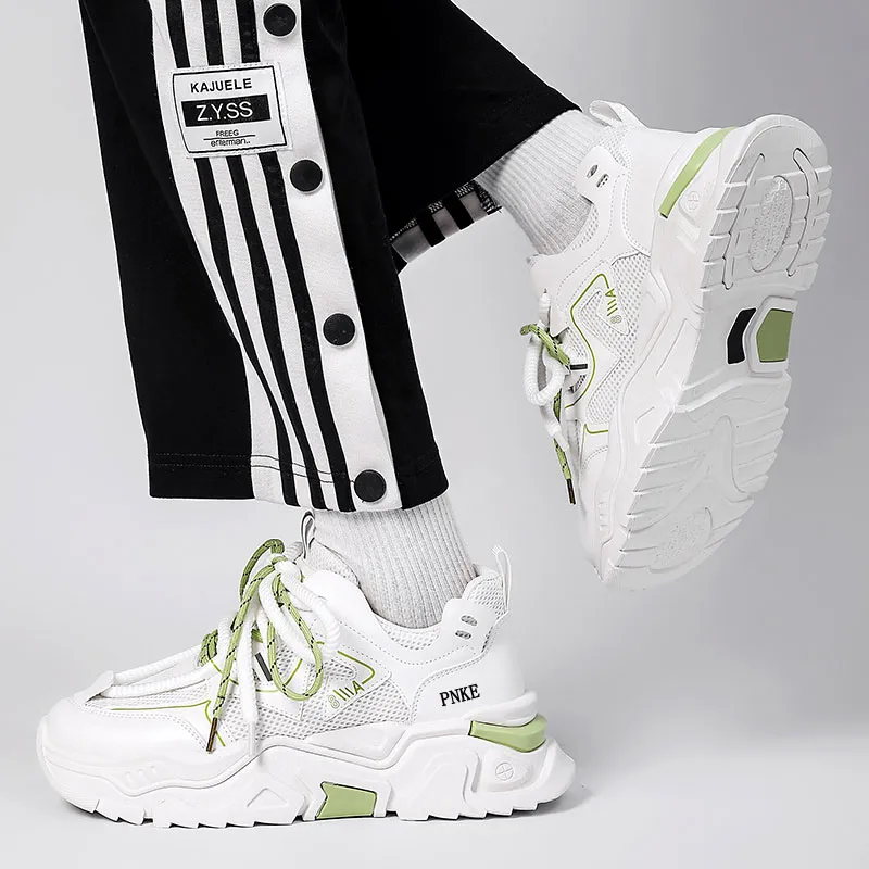 PNKE Anti-Slip Wear-Resistant Breathable Height Increasing Low-Top Chunky Sneakers Men's White Green-4