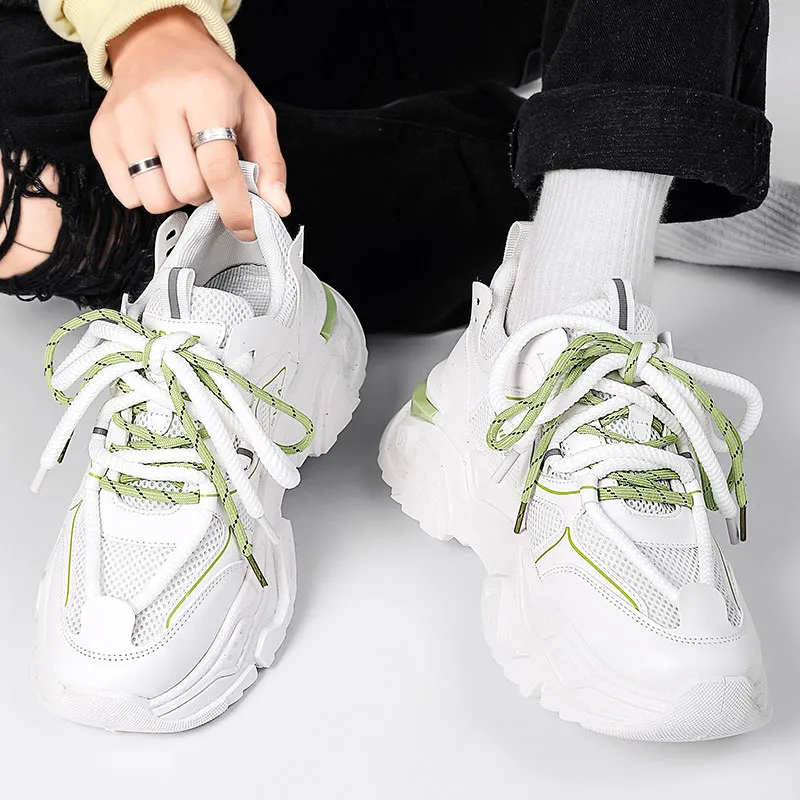 PNKE Anti-Slip Wear-Resistant Breathable Height Increasing Low-Top Chunky Sneakers Men's White Green-5