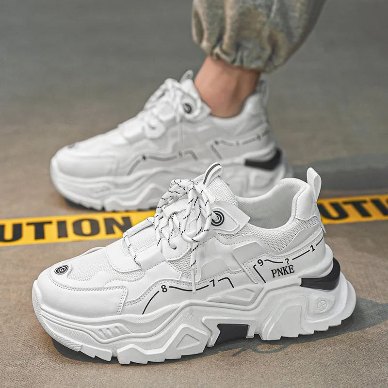 PNKE Anti-Slip Wear-Resistant Breathable Height Increasing Low-Top Chunky Sneakers Men's White-3
