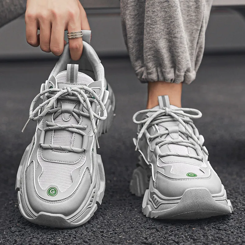 PNKE Anti-Slip Wear-Resistant Breathable Height Increasing Low-Top Chunky Sneakers Men's White-19