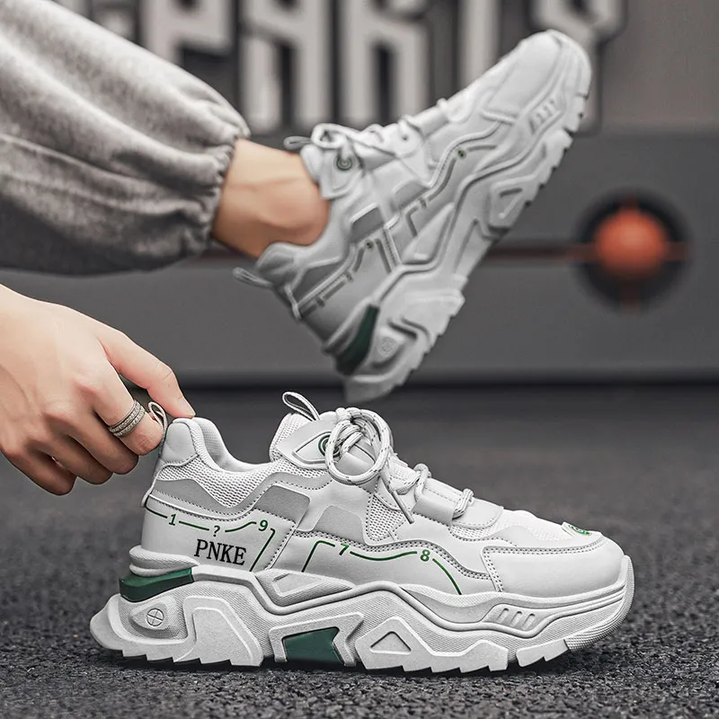 PNKE Anti-Slip Wear-Resistant Breathable Height Increasing Low-Top Chunky Sneakers Men's White-17