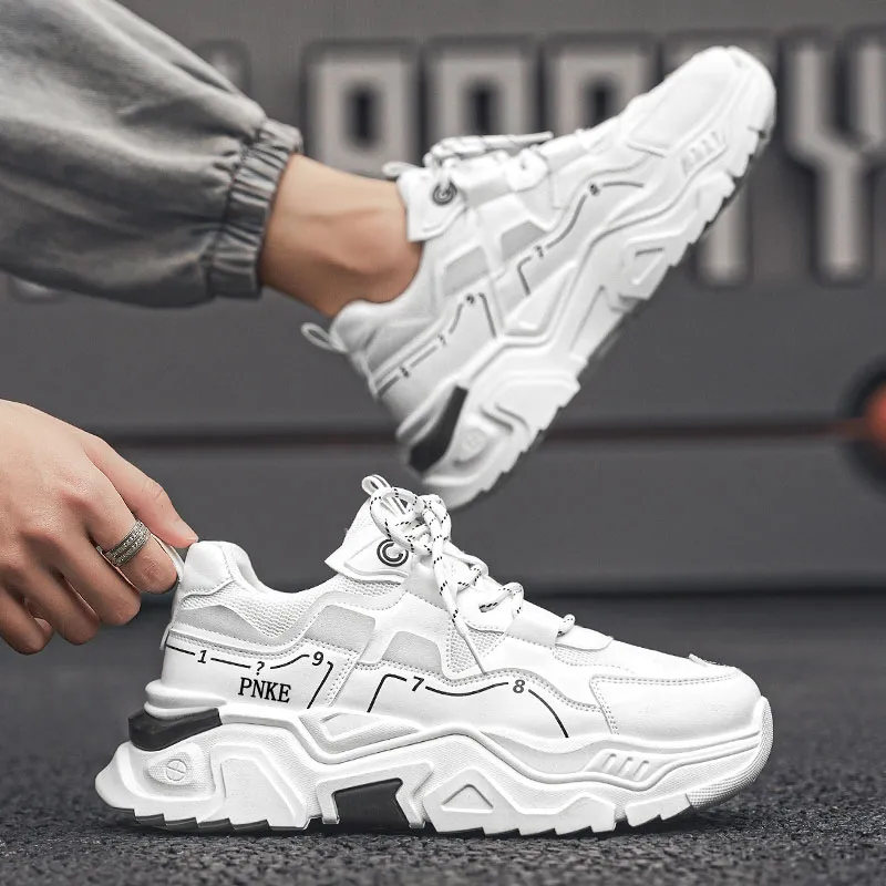 PNKE Anti-Slip Wear-Resistant Breathable Height Increasing Low-Top Chunky Sneakers Men's White-4