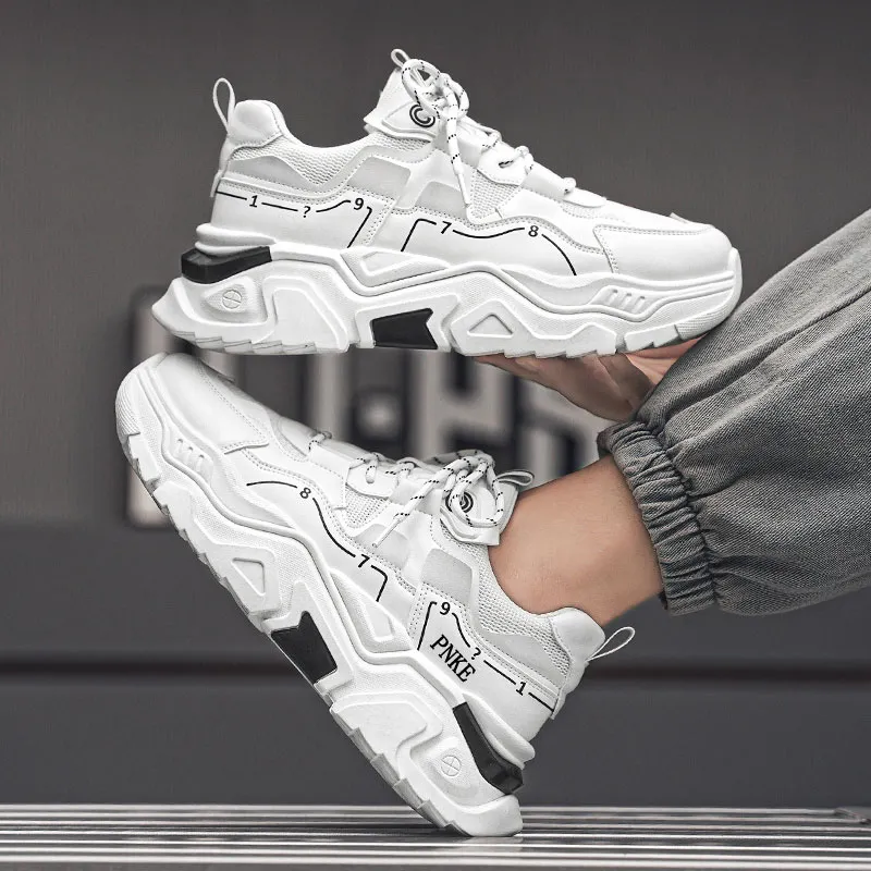 PNKE Anti-Slip Wear-Resistant Breathable Height Increasing Low-Top Chunky Sneakers Men's White-5