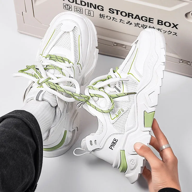 PNKE Anti-Slip Wear-Resistant Breathable Height Increasing Low-Top Chunky Sneakers Men's White Green-2