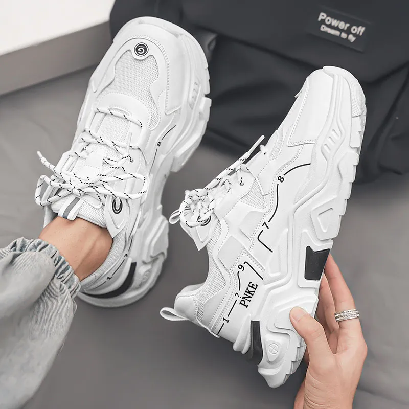 PNKE Anti-Slip Wear-Resistant Breathable Height Increasing Low-Top Chunky Sneakers Men's White-2