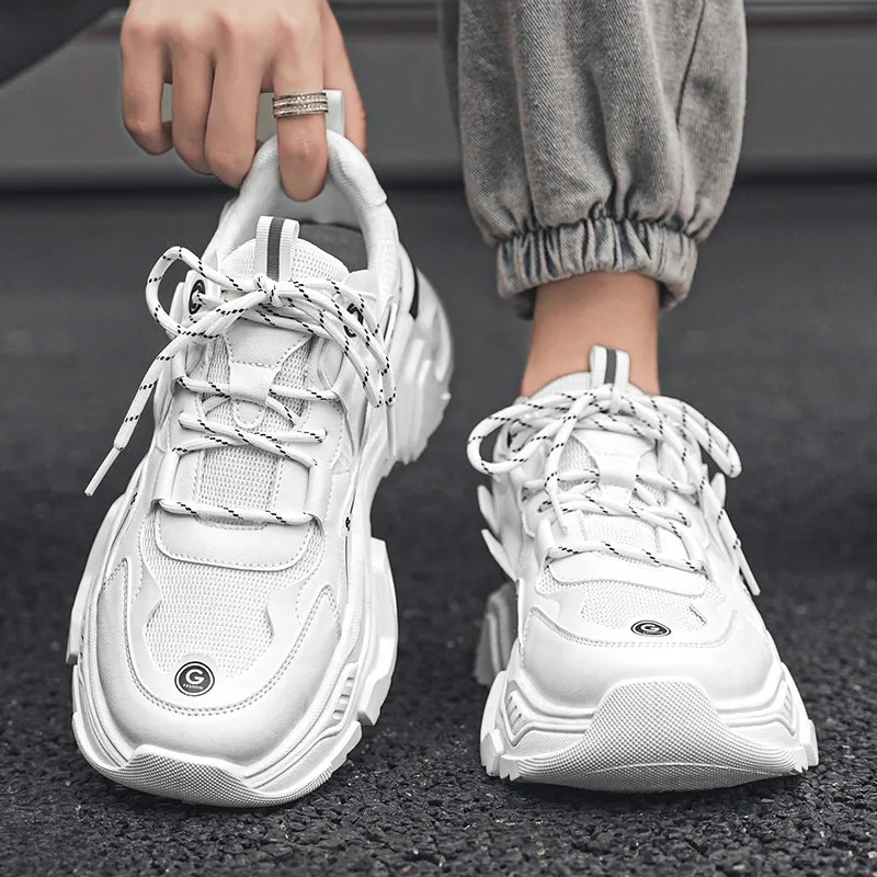 PNKE Anti-Slip Wear-Resistant Breathable Height Increasing Low-Top Chunky Sneakers Men's White-6