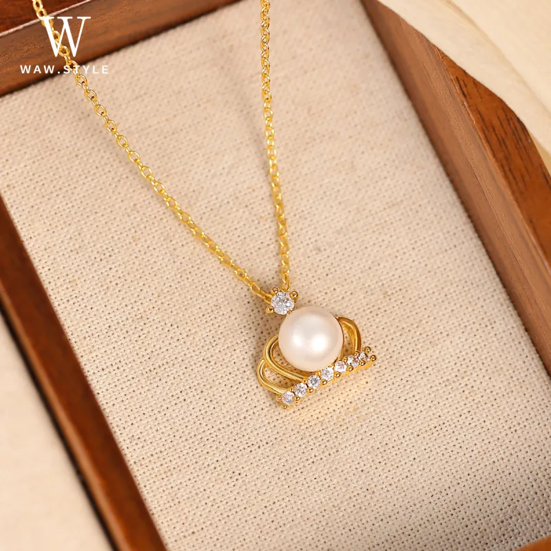 WAW Gold Plated Copper Faux Pearl Necklaces Women's-4