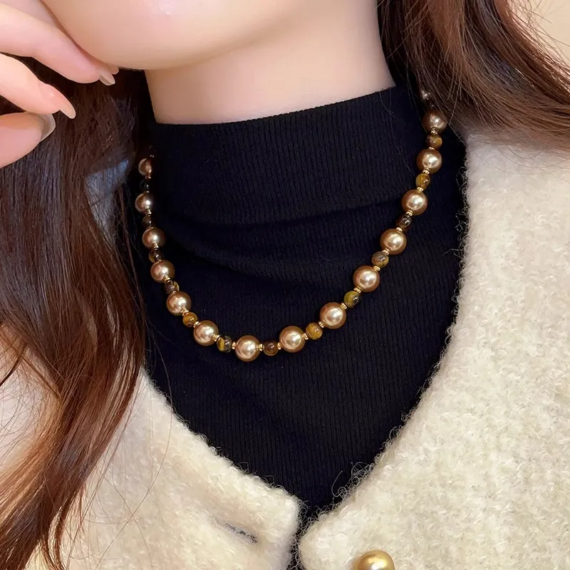 WAW Tiger's Eye Stone Gold Plated Copper Faux Pearl Necklaces Women's-2