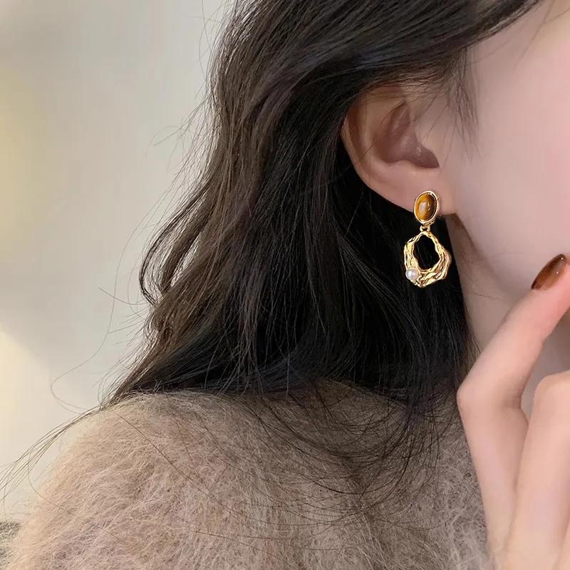 WAW Gold Plated Copper Tiger's Eye Stone Faux Pearl Earrings Women's-2