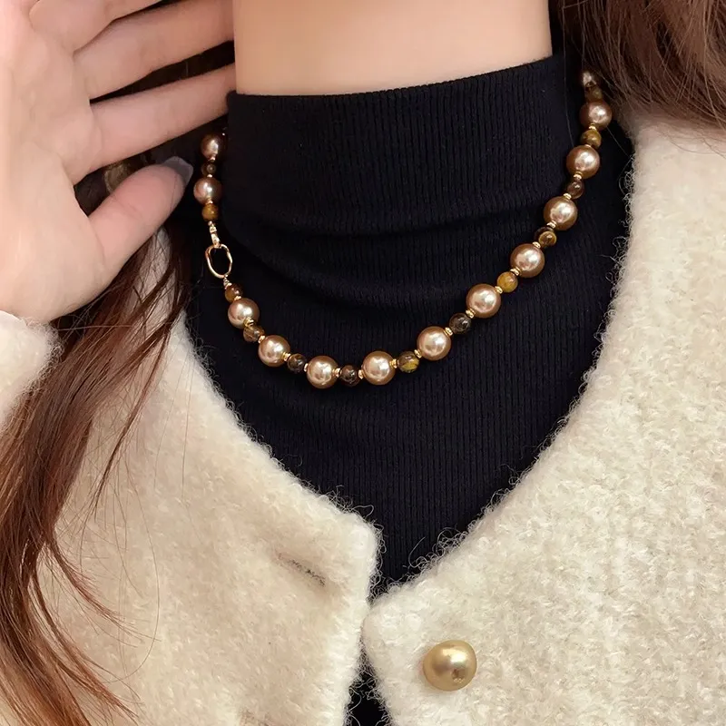 WAW Tiger's Eye Stone Gold Plated Copper Faux Pearl Necklaces Women's-4