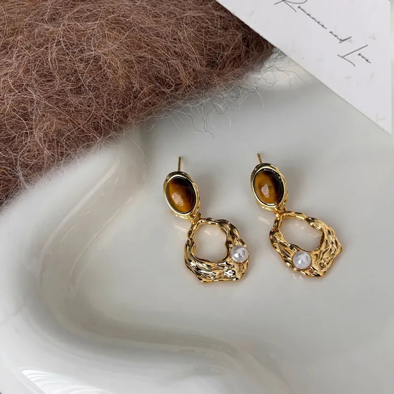 WAW Gold Plated Copper Tiger's Eye Stone Faux Pearl Earrings Women's-3