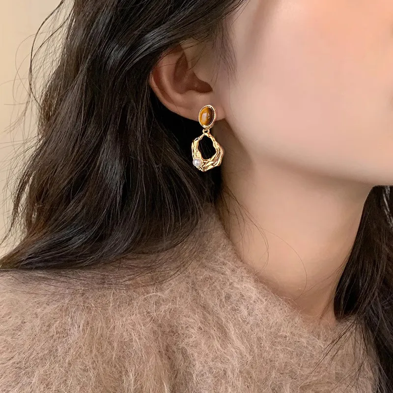 WAW Gold Plated Copper Tiger's Eye Stone Faux Pearl Earrings Women's-4