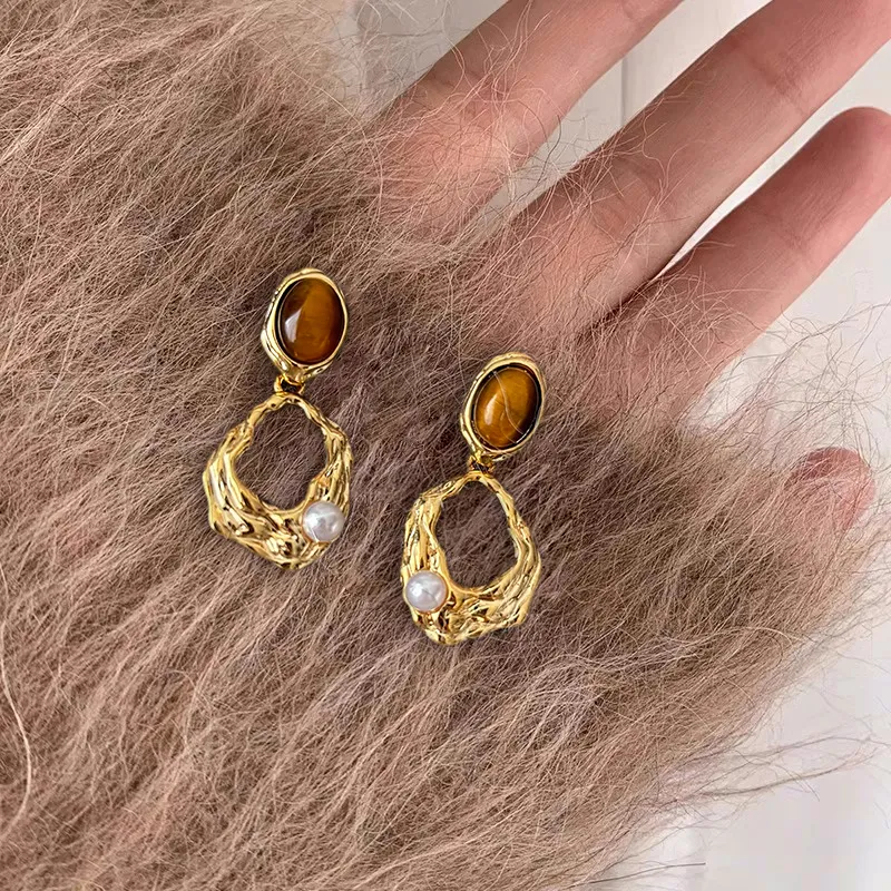 WAW Gold Plated Copper Tiger's Eye Stone Faux Pearl Earrings Women's-1