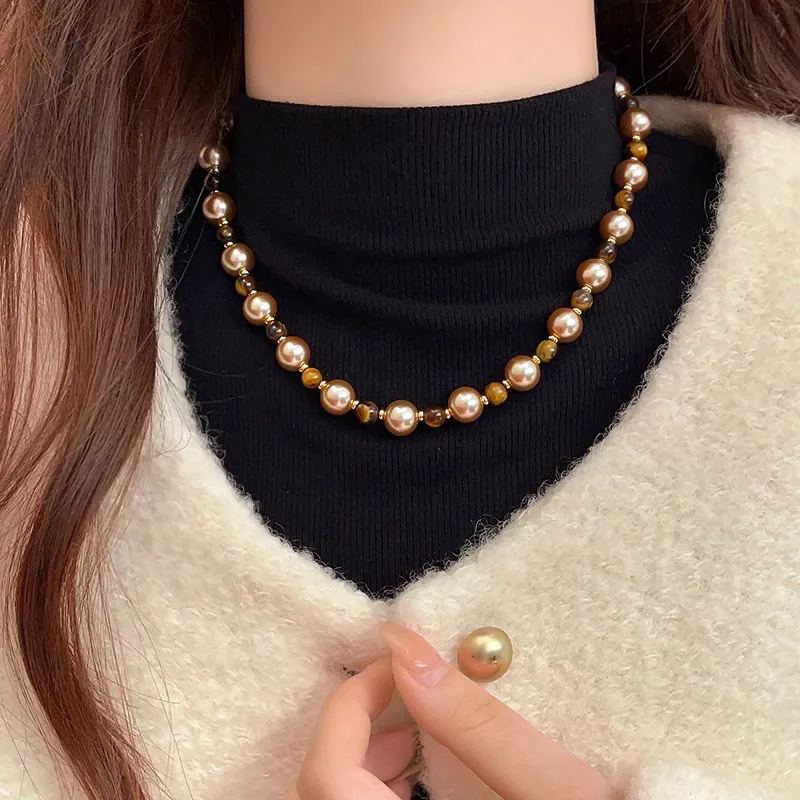 WAW Tiger's Eye Stone Gold Plated Copper Faux Pearl Necklaces Women's-1