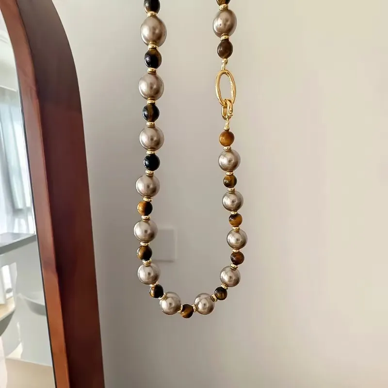 WAW Tiger's Eye Stone Gold Plated Copper Faux Pearl Necklaces Women's-3