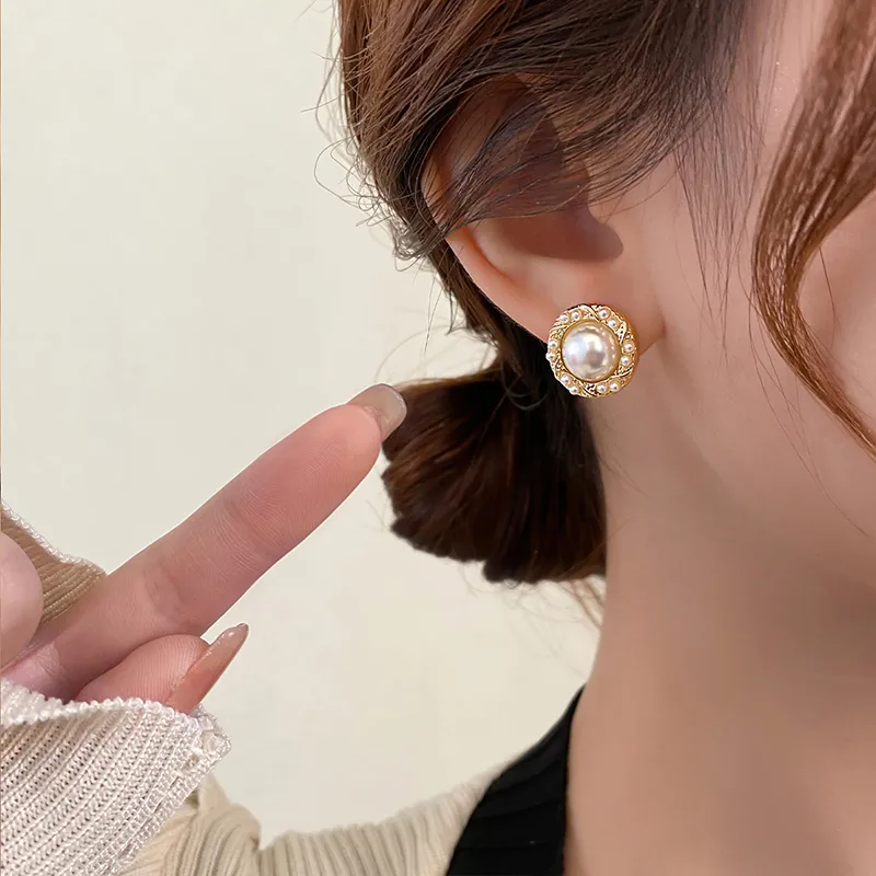 WAW Faux Pearl Gold Plated Copper Stud Earrings Women's-5