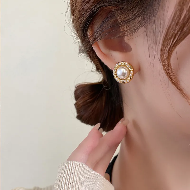 WAW Faux Pearl Gold Plated Copper Stud Earrings Women's-3
