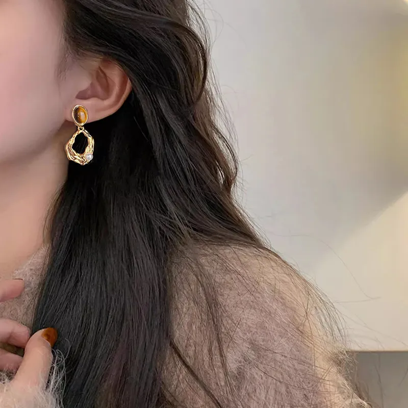 WAW Gold Plated Copper Tiger's Eye Stone Faux Pearl Earrings Women's-5