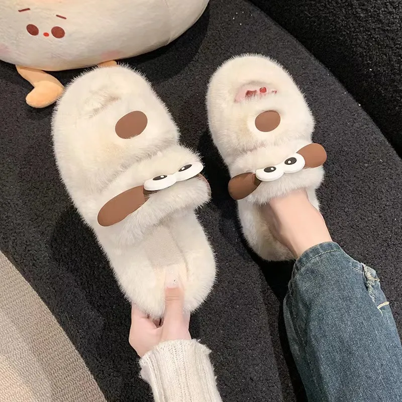 JINGEYU Winter Cute Versatile Big Eye Dog Fuzzy Slippers Indoor Home Slide Slippers-2