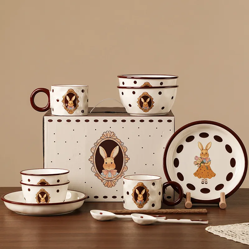 JINGEYU Two Person Dining Bowl And Plate Set With Chopsticks Gift Box Set-1