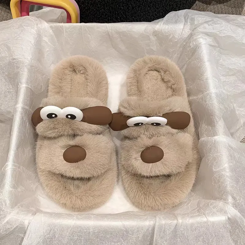 JINGEYU Winter Cute Versatile Big Eye Dog Fuzzy Slippers Indoor Home Slide Slippers-11