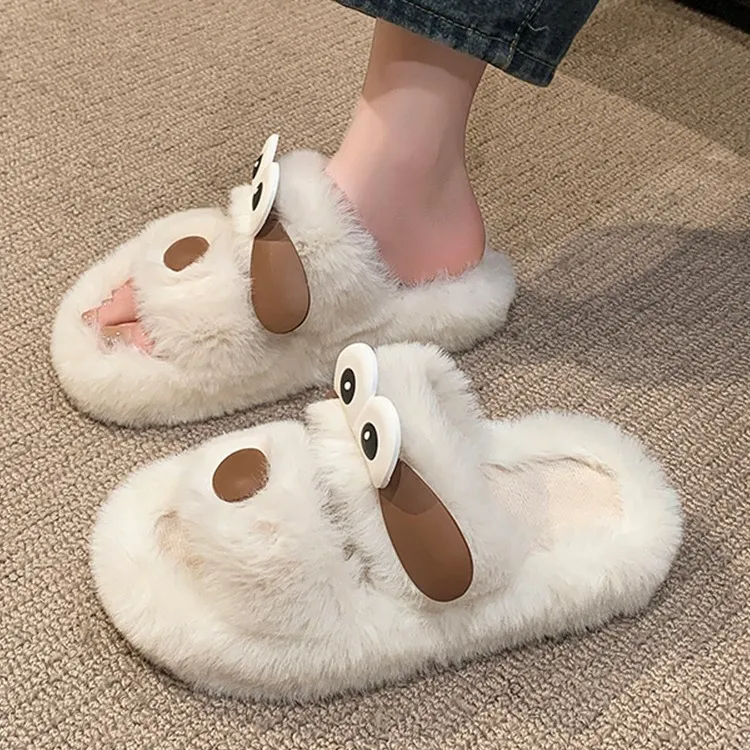 JINGEYU Winter Cute Versatile Big Eye Dog Fuzzy Slippers Indoor Home Slide Slippers-1