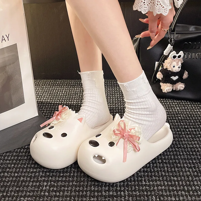 JINGEYU Cute Lace Up Bowknot Casual Puppy Closed Toe Slippers With Platform Height, Soft And Springy Feeling-2