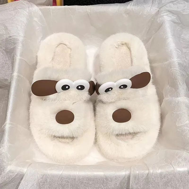 JINGEYU Winter Cute Versatile Big Eye Dog Fuzzy Slippers Indoor Home Slide Slippers-4