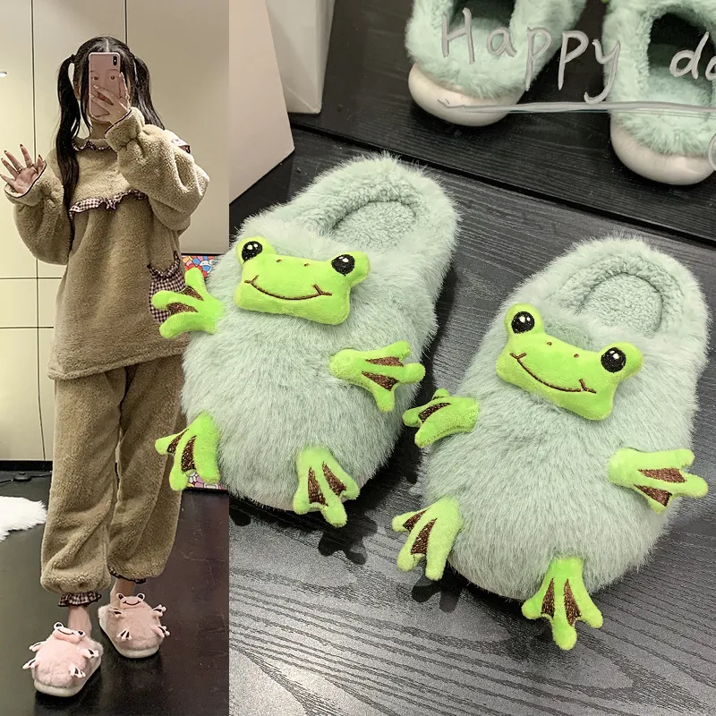 JINGEYU Fall And Winter Cute Quirky Frog Warm Closed Toe Cotton Slipper Fuzzy Slippers-4