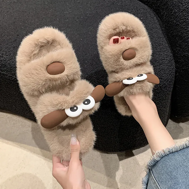 JINGEYU Winter Cute Versatile Big Eye Dog Fuzzy Slippers Indoor Home Slide Slippers-9