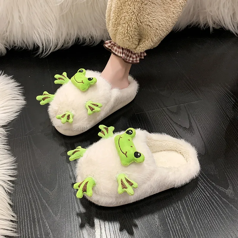 JINGEYU Fall And Winter Cute Quirky Frog Warm Closed Toe Cotton Slipper Fuzzy Slippers-2