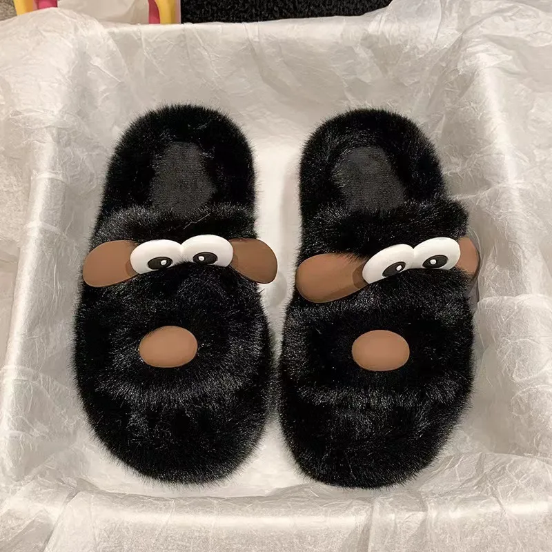 JINGEYU Winter Cute Versatile Big Eye Dog Fuzzy Slippers Indoor Home Slide Slippers-7