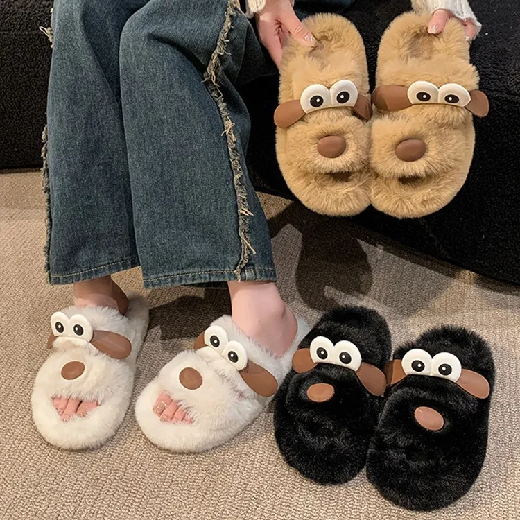 JINGEYU Winter Cute Versatile Big Eye Dog Fuzzy Slippers Indoor Home Slide Slippers-6