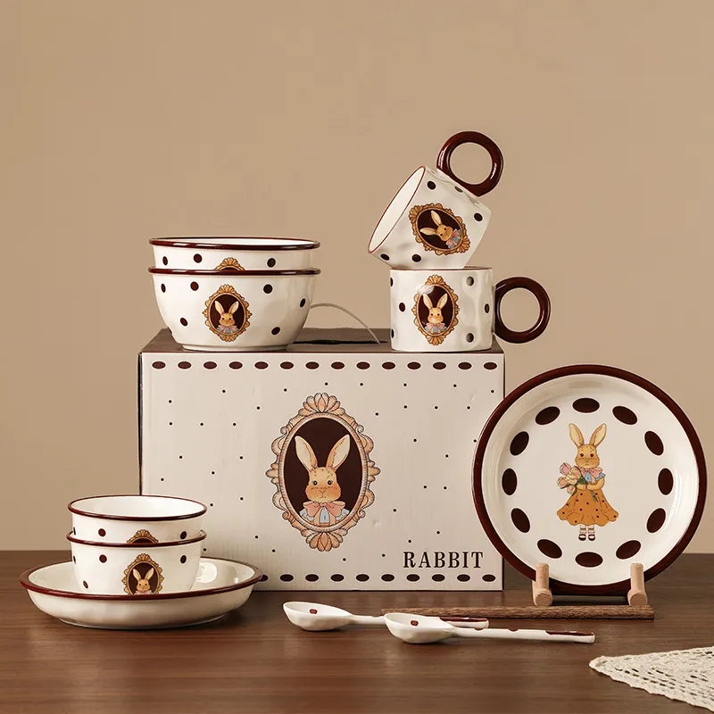 JINGEYU Two Person Dining Bowl And Plate Set With Chopsticks Gift Box Set-5
