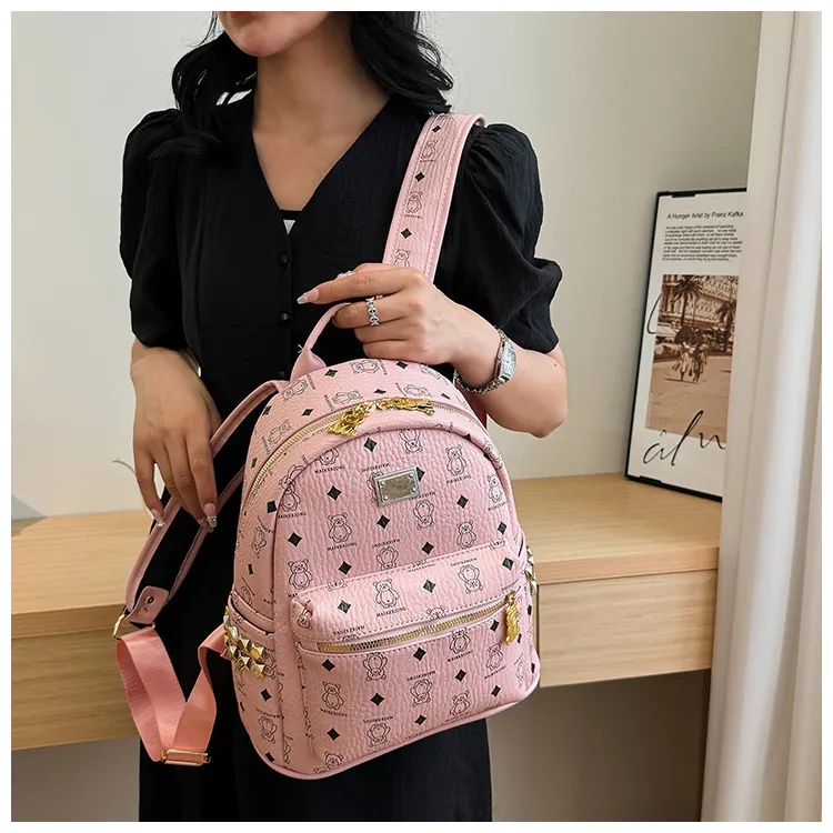 Yalu PU Backpack For High School And University Students Regular Women's Ecru/Pink/Black/Ginger Yellow-11