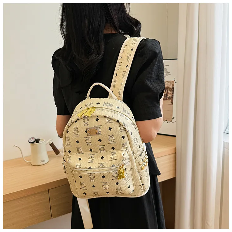 Yalu PU Backpack For High School And University Students Regular Women's Ecru/Pink/Black/Ginger Yellow-5