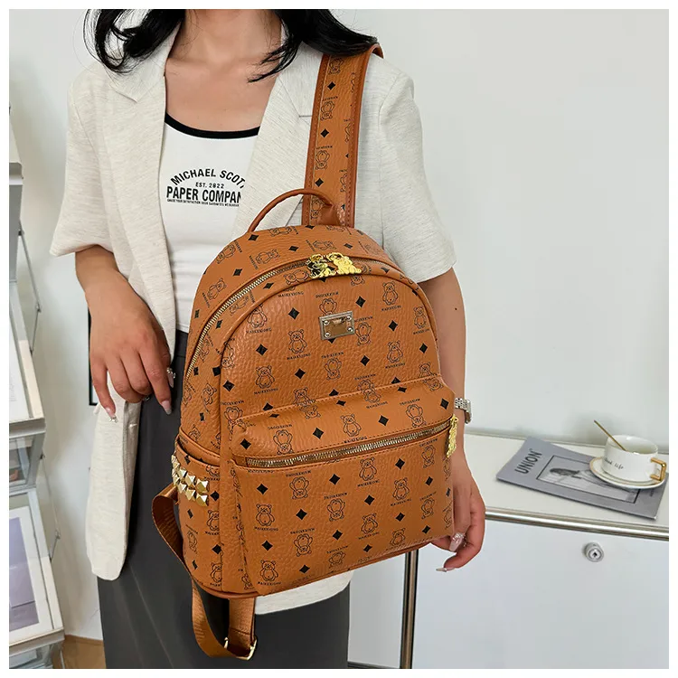 Yalu PU Backpack For High School And University Students Regular Women's Ecru/Pink/Black/Ginger Yellow-16