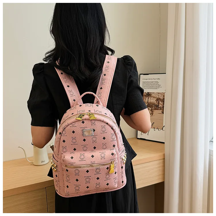 Yalu PU Backpack For High School And University Students Regular Women's Ecru/Pink/Black/Ginger Yellow-9